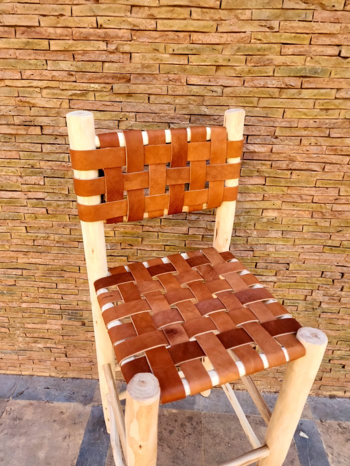 Moroccan Leather Bar Stool handcrafted from solid wood with a genuine leather seat