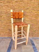 Moroccan Leather Bar Stool handcrafted from solid wood with a genuine leather seat