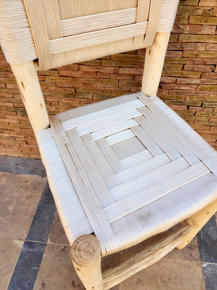 White Rope Wooden Chair handcrafted from solid wood with a handwoven white rope seat