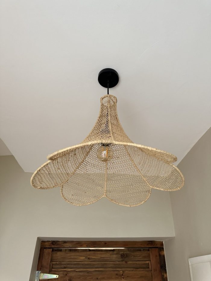 Handmade Moroccan raffia flower pendant light with six petal shape