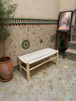 White Cord Bench Handmade Solid Wood Woven Moroccan Entryway Bench