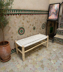 White Cord Bench Handmade Solid Wood Woven Moroccan Entryway Bench