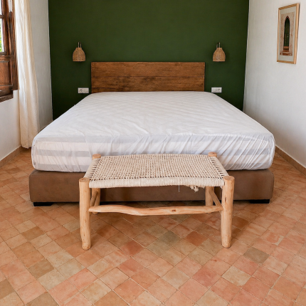 White Cord Moroccan Bench handcrafted from solid eucalyptus wood with a handwoven white cord seat
