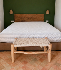 White Cord Moroccan Bench handcrafted from solid eucalyptus wood with a handwoven white cord seat
