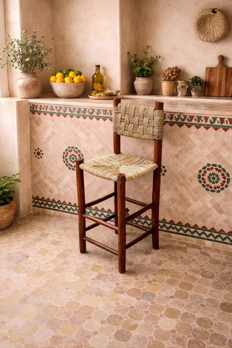 ChatGPT Image 11 janv. 2026, 21_54_56 Marokkanischer Barhocker aus Lorbeerholz mit Palmblatt-Seil – handgefertigt – Bild 1