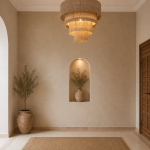 Cascading fringe chandelier with layered natural fiber drum shades
