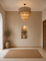 Cascading fringe chandelier with layered natural fiber drum shades