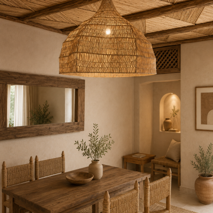 Oversized raffia pendant light with handmade Moroccan wavy dome shape