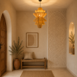 Handmade tiered raffia pendant light with layered sculptural design