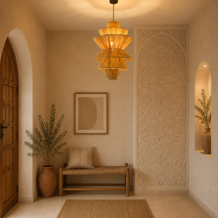 Handmade tiered raffia pendant light with layered sculptural design