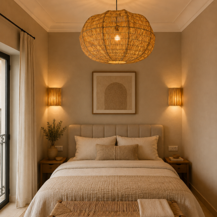 Moroccan raffia pendant light with handmade wavy woven shade