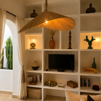 Asymmetric raffia pendant light with handmade curved canopy shade