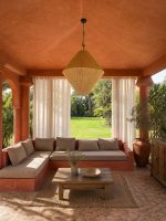 Handmade diamond raffia pendant light with geometric double cone shape