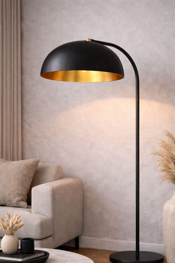Moderne Schwarz-Gold Bogen-Stehlampe – Minimalistischer Domschirm – Bild 2