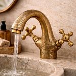 Gravierter Messing-Waschtischarmatur – Zwei Kreuzgriffe, Vintage Deck-Mount Wasserhahn – Bild 2