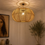 Handmade wavy raffia pendant light with ribbed pumpkin shape