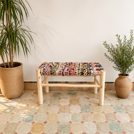 Boucherouite Bench handcrafted from solid wood with a colorful handwoven Moroccan seat