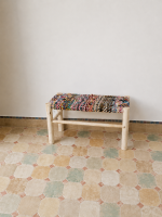 Boucherouite Bench handcrafted from solid wood with a colorful handwoven Moroccan seat