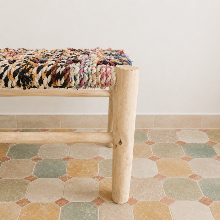 Boucherouite Bench handcrafted from solid wood with a colorful handwoven Moroccan seat