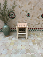 Small Natural Leather Wooden Stool handcrafted from solid wood with a genuine natural leather seat