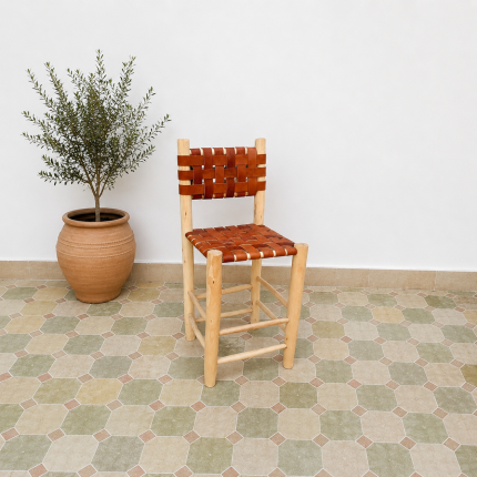 Moroccan Leather Bar Stool handcrafted from solid wood with a genuine leather seat
