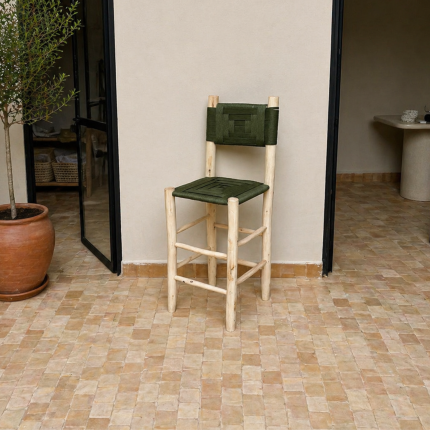 Moroccan Green Cord Bar Stool handcrafted from solid wood with a handwoven green cord seat