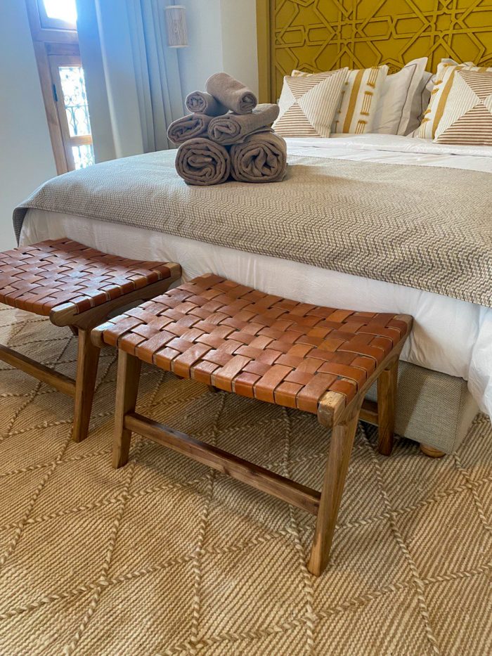Set of 2 Small Walnut Leather Benches handcrafted from solid walnut wood with brown leather seats