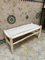White Cord Bench Handmade Solid Wood Woven Moroccan Entryway Bench