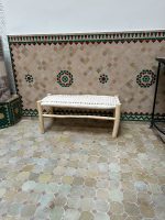 White Cord Bench Handmade Solid Wood Woven Moroccan Entryway Bench
