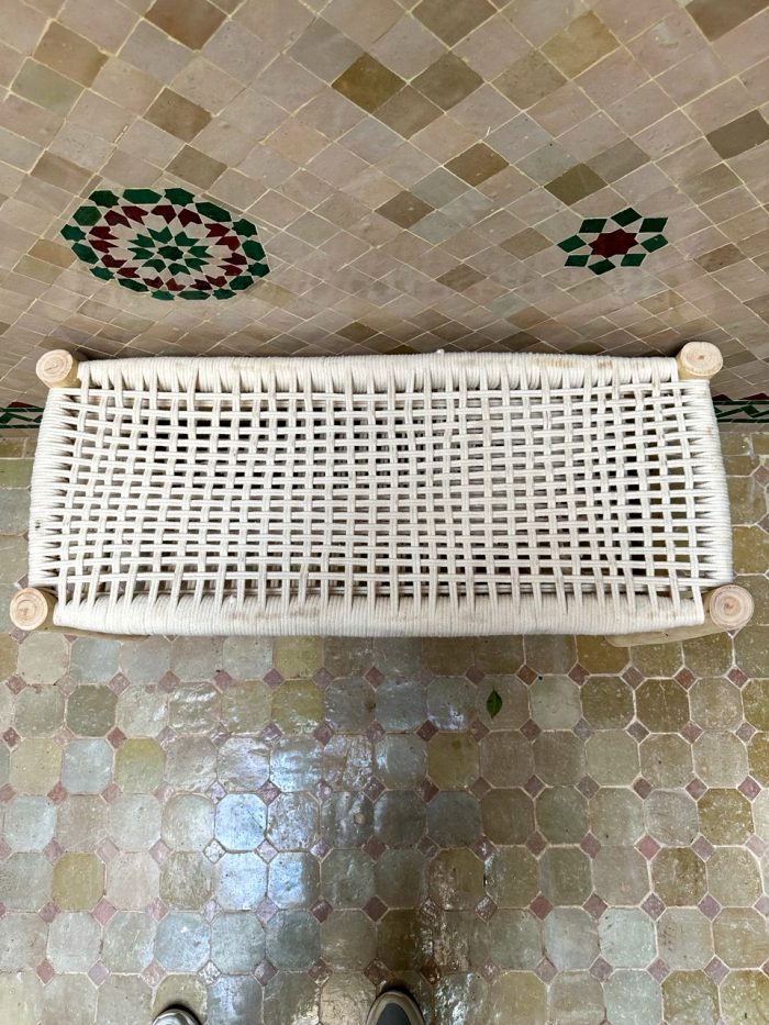White Cord Bench Handmade Solid Wood Woven Moroccan Entryway Bench