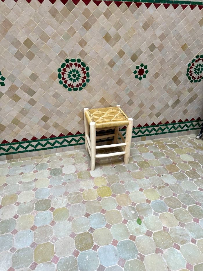 Small Yellow Rope Stool handcrafted from solid wood with a handwoven yellow rope seat