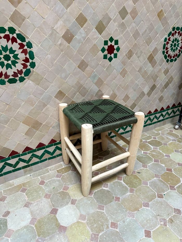 Small Green Cord Bench Handmade Solid Wood Woven Moroccan Entryway Bench