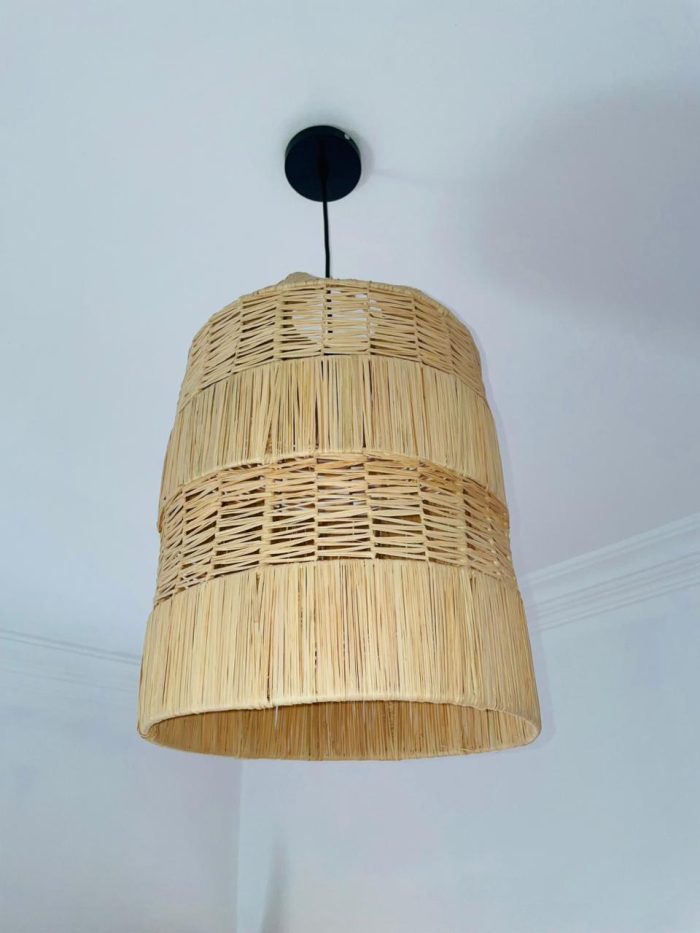 Tiered raffia pendant light with handwoven bell shaped shade