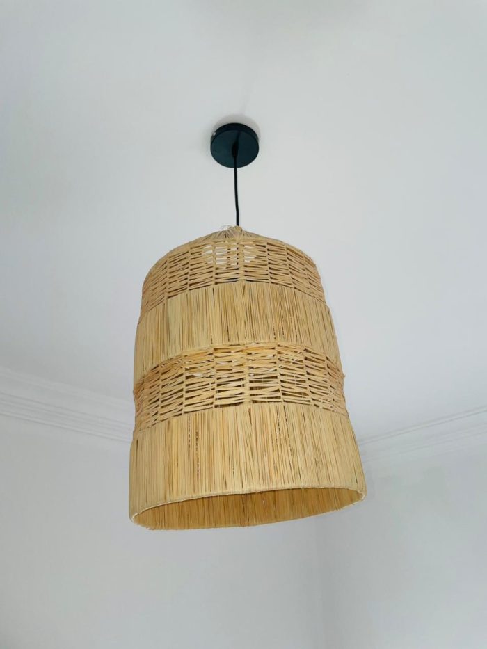Tiered raffia pendant light with handwoven bell shaped shade