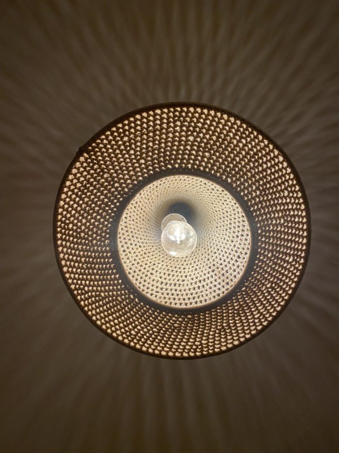 Handmade rope pendant light with long neck and tiered circular shape