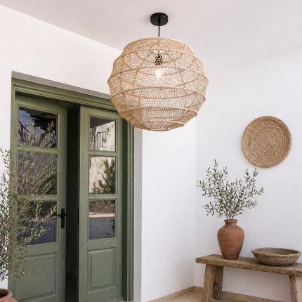 Handmade round raffia pendant light with woven globe basket shape