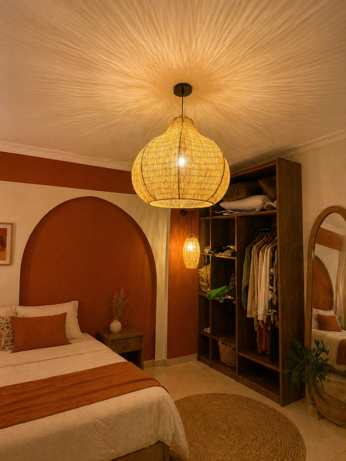 Sculptural raffia pendant light with rounded handmade Moroccan woven shade