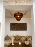 Moroccan Hdoum fringe pendant lamp with handmade tiered natural fibers