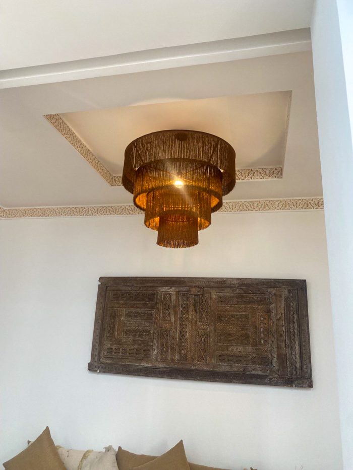 Moroccan Hdoum fringe pendant lamp with handmade tiered natural fibers