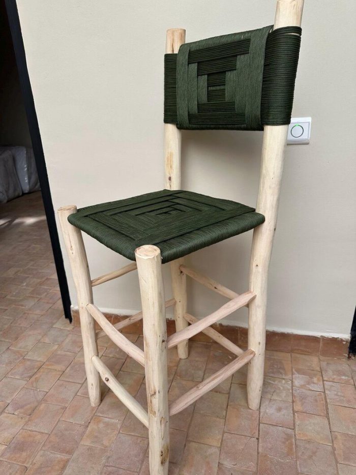 Marokkanischer Boho-Barhocker mit grünem Seil – handgefertigter Holz-Hocker – Bild 5