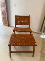Marokkanischer Nussbaum-Sessel & Fußhocker-Set mit Leder – handgefertigt – Bild 6