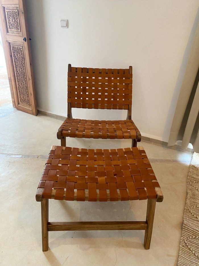 Marokkanischer Nussbaum-Sessel & Fußhocker-Set mit Leder – handgefertigt – Bild 6