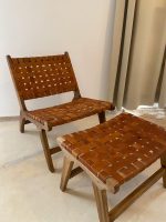 Marokkanischer Nussbaum-Sessel & Fußhocker-Set mit Leder – handgefertigt – Bild 5