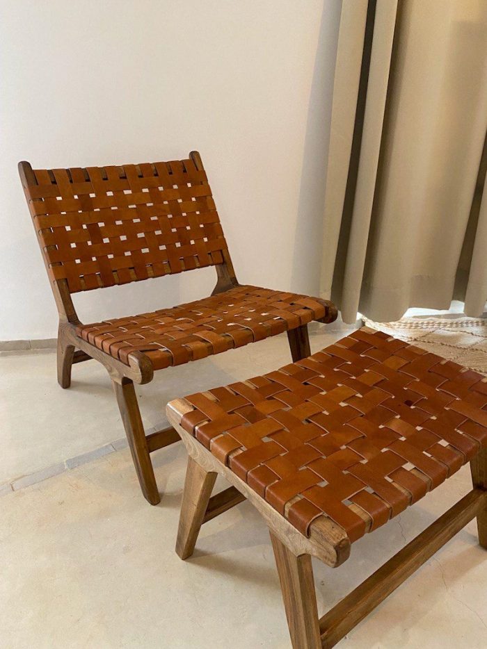 Marokkanischer Nussbaum-Sessel & Fußhocker-Set mit Leder – handgefertigt – Bild 5