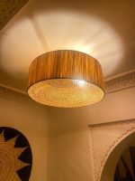 Moroccan raffia flush mount ceiling light with woven round drum shade