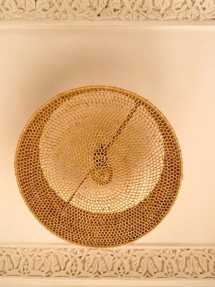 Moroccan raffia flush mount ceiling light with woven round drum shade