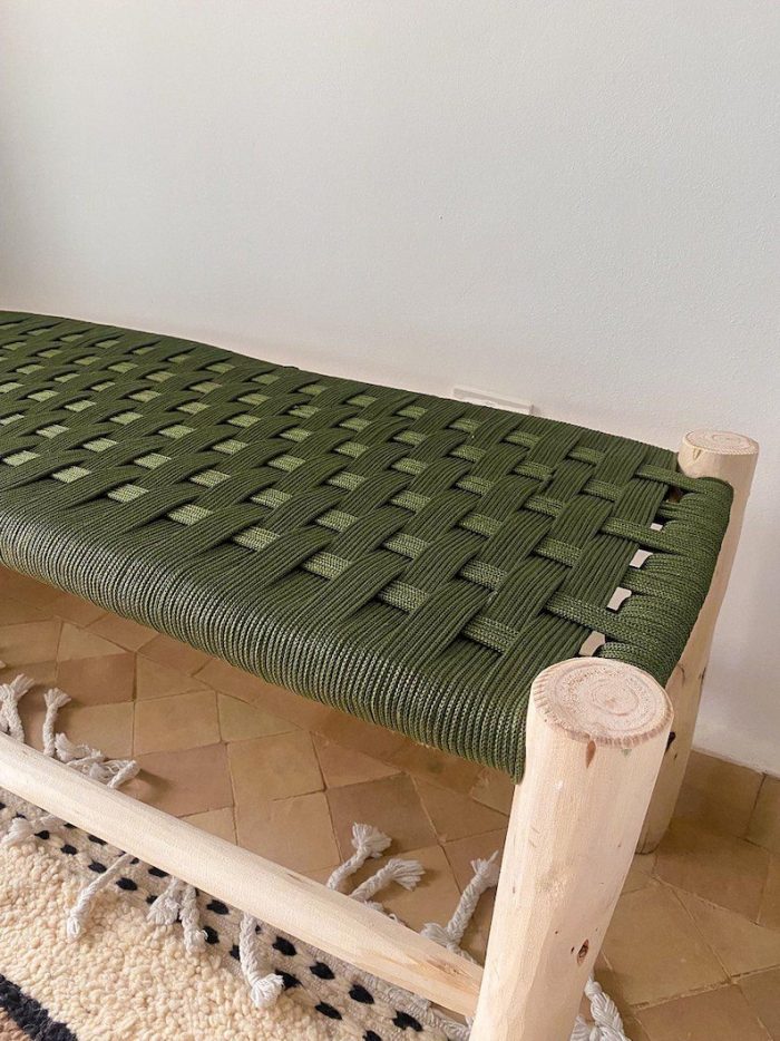 Handgeflochtene marokkanische Bank mit grünem Seil – handgefertigt aus Eukalyptusholz – Bild 6