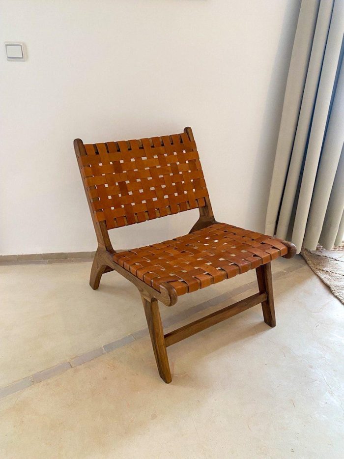 Marokkanischer Nussbaum-Sessel mit braunem Leder – handgefertigter Relax-Lounge-Chair – Bild 8