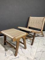 Marokkanischer Nussbaum-Sessel & Fußhocker-Set mit Kordel – handgeflochten – Bild 2
