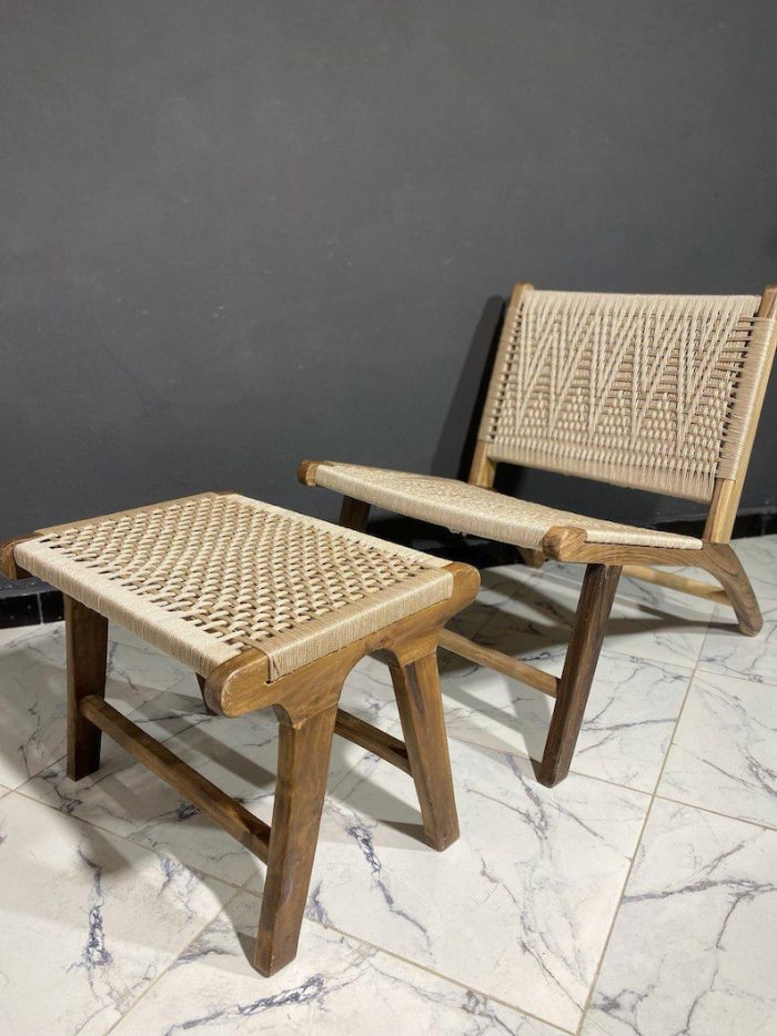 Marokkanischer Nussbaum-Sessel & Fußhocker-Set mit Kordel – handgeflochten – Bild 2